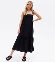 New Look Petite Black Linen Blend Tie Strap Midi Smock Dress